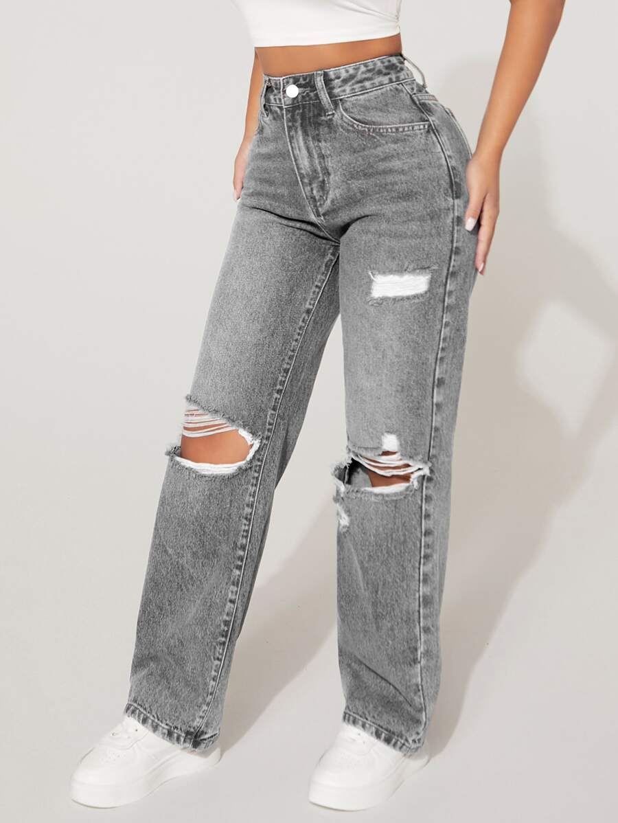 High-Waisted Ripped Denim