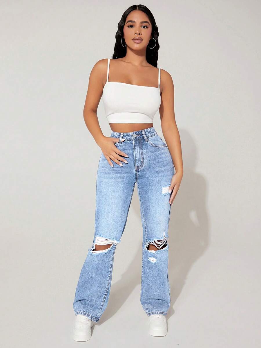 High-Waisted Ripped Denim