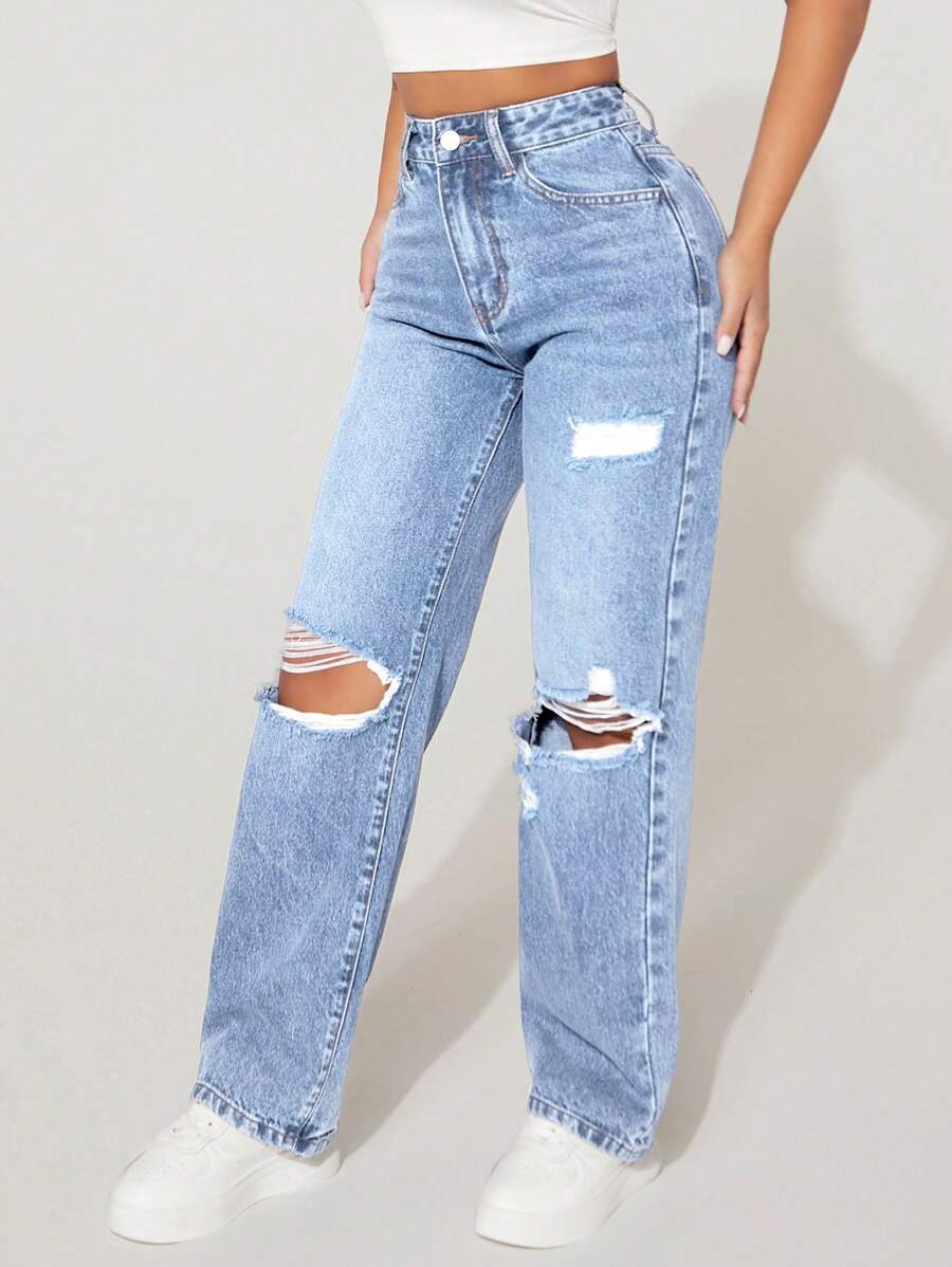 High-Waisted Ripped Denim