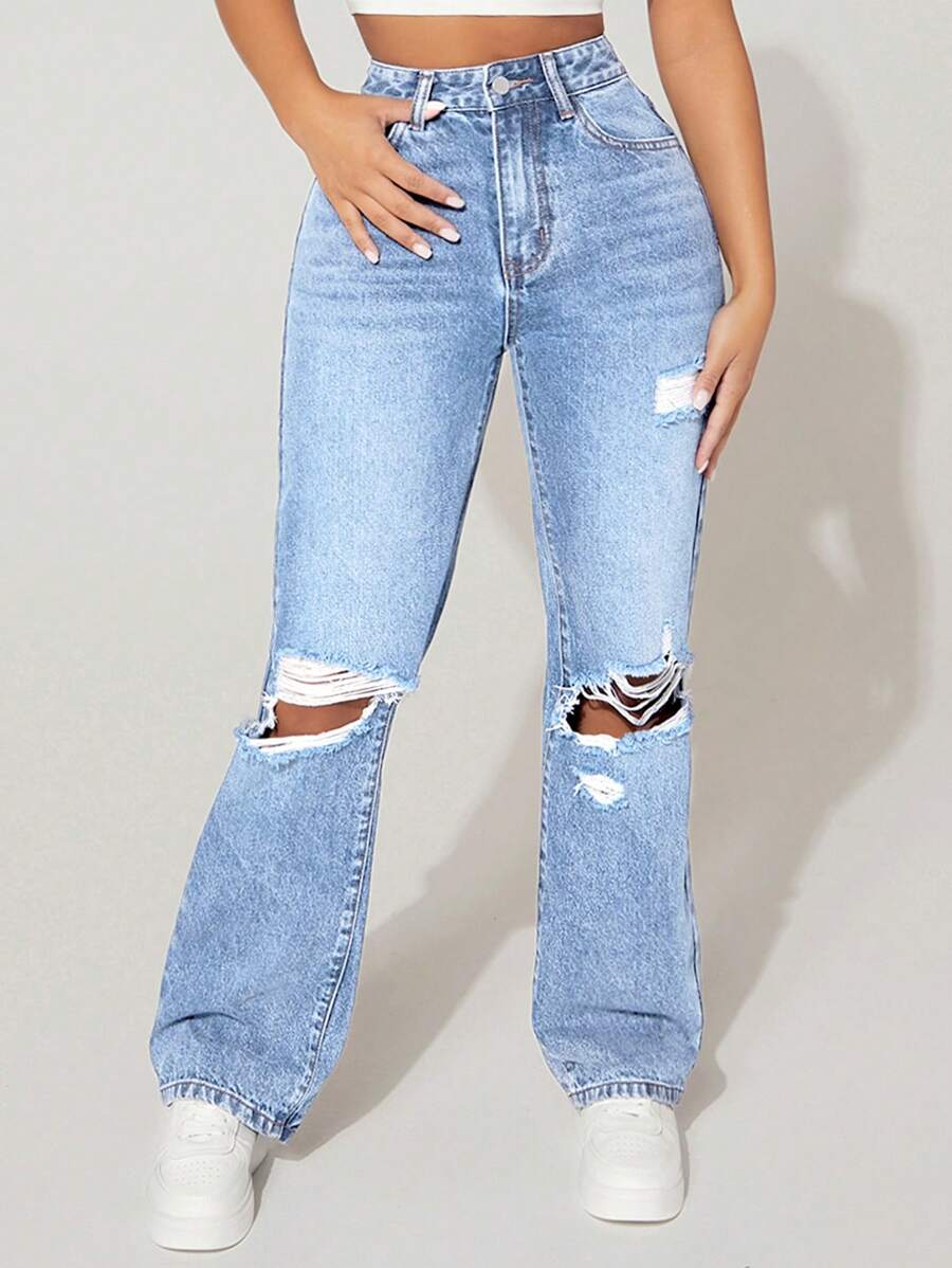 High-Waisted Ripped Denim