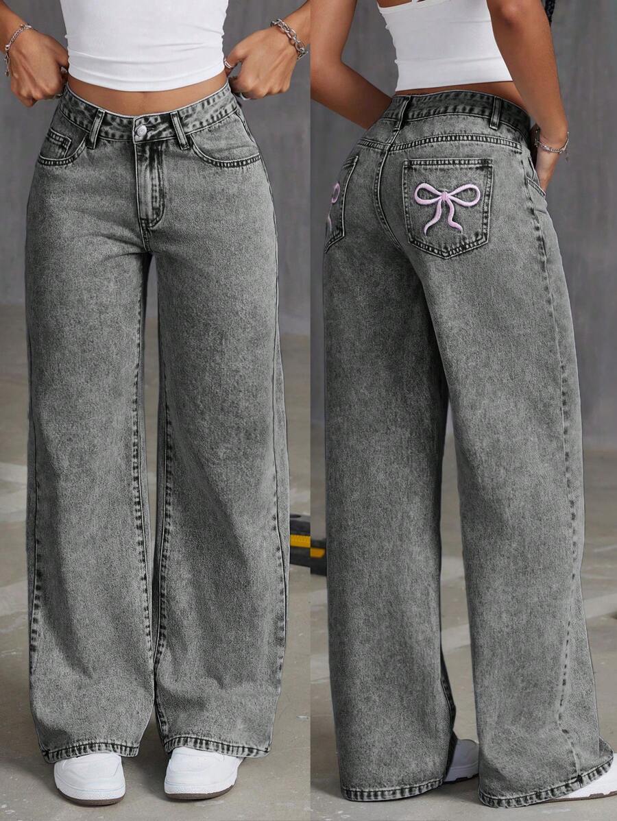 Embroidered Bowknot Washed Denim