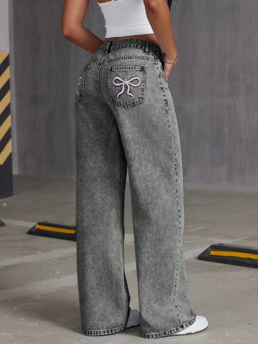 Embroidered Bowknot Washed Denim