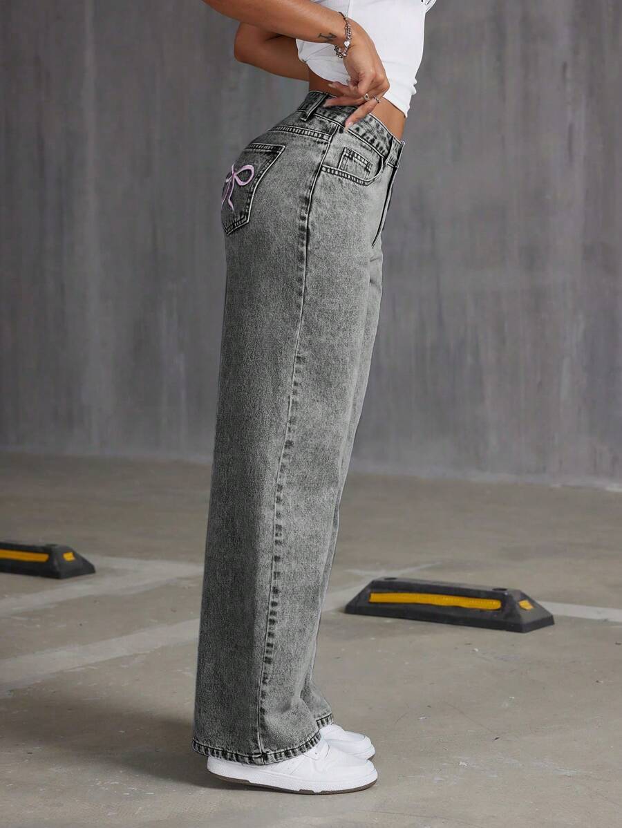 Embroidered Bowknot Washed Denim