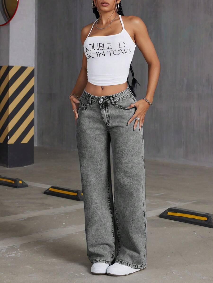 Embroidered Bowknot Washed Denim
