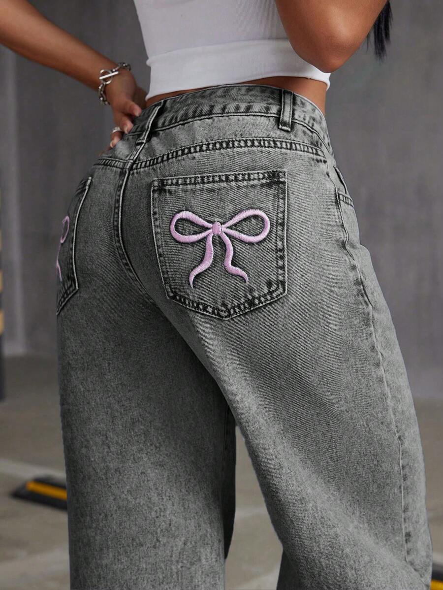 Embroidered Bowknot Washed Denim