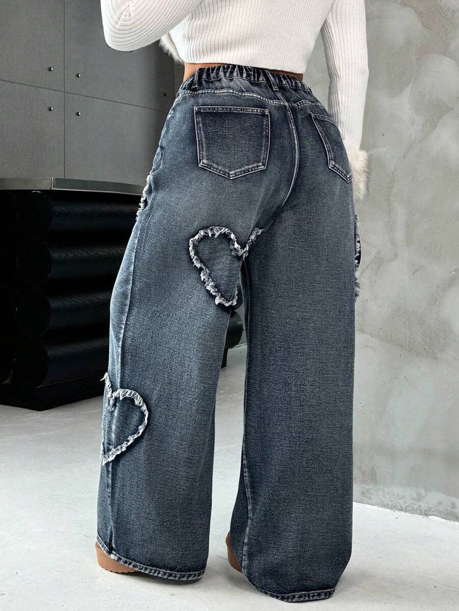 Casual Blue Straight Jeans With Heart Design