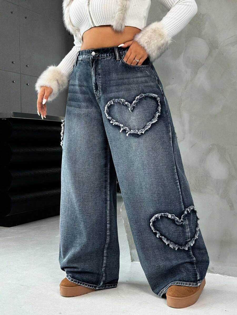 Casual Blue Straight Jeans With Heart Design