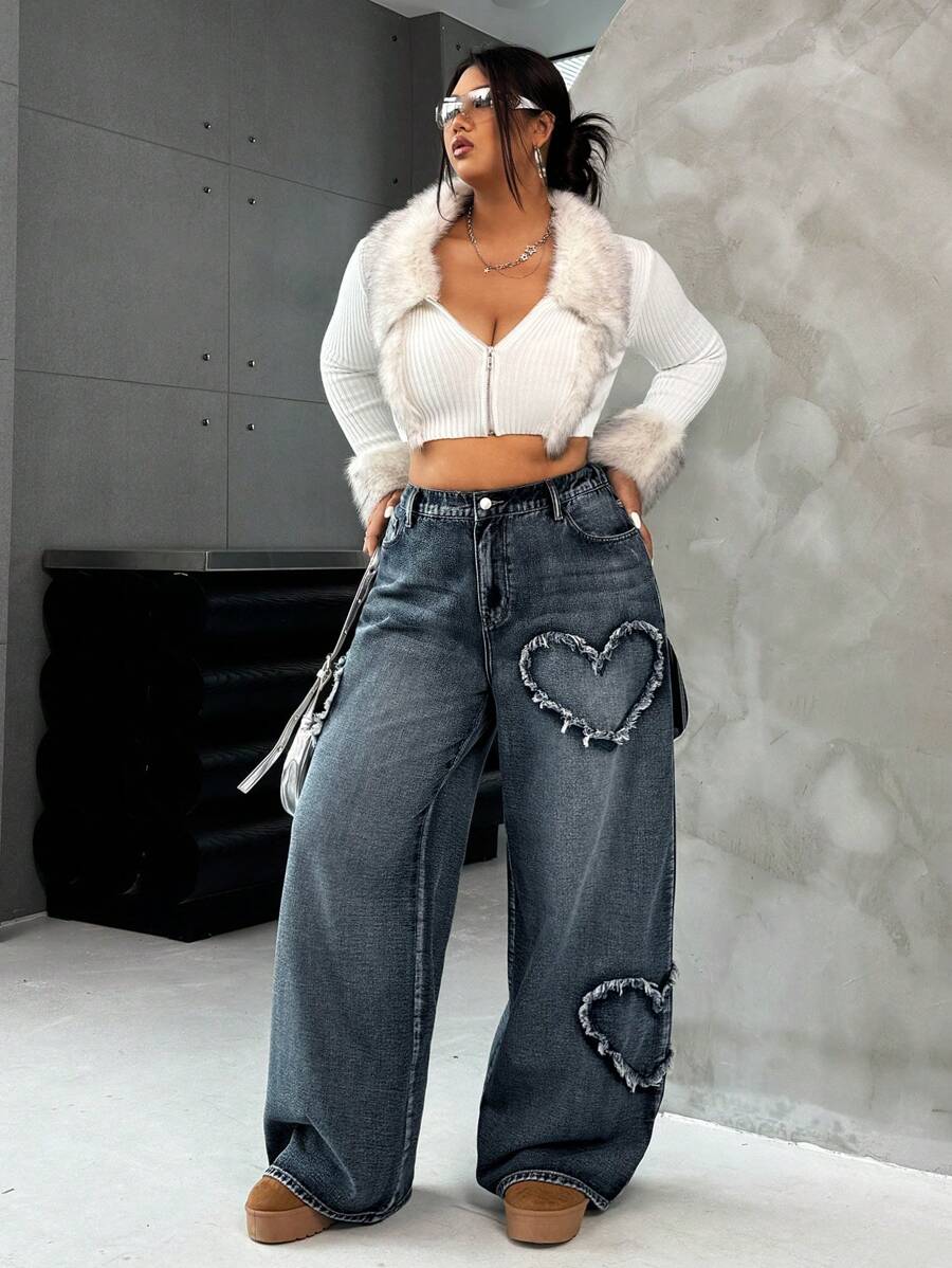 Casual Blue Straight Jeans With Heart Design