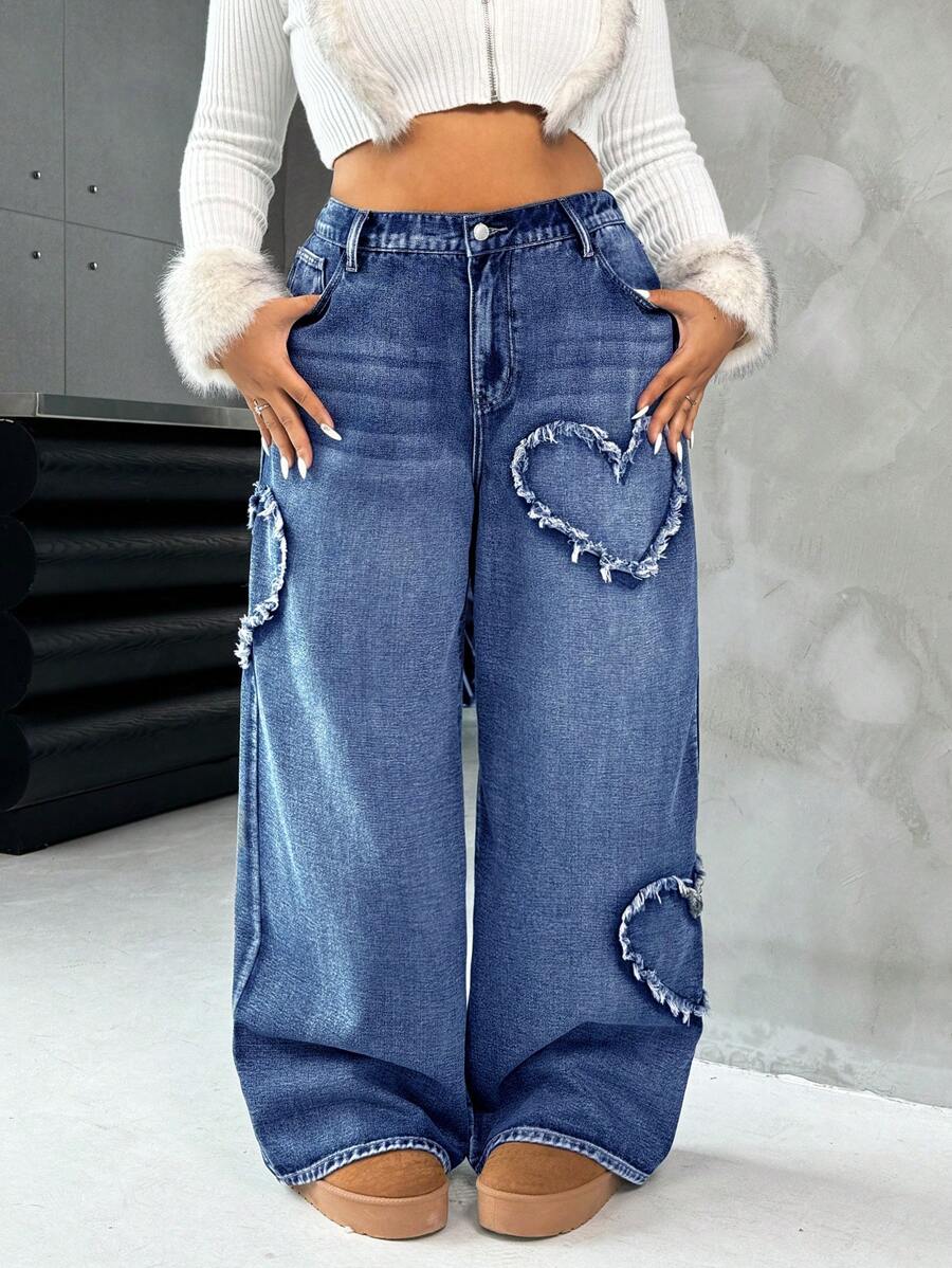 Casual Blue Straight Jeans With Heart Design