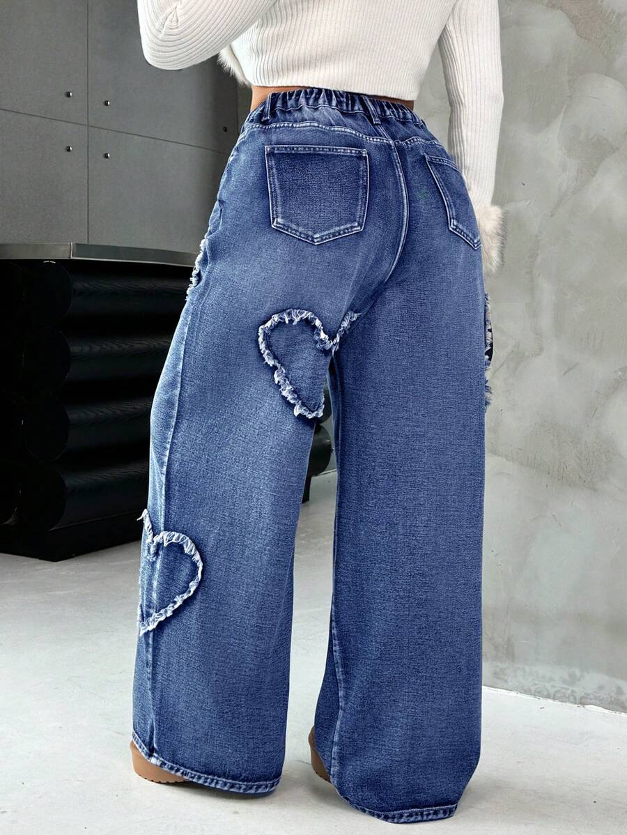 Casual Blue Straight Jeans With Heart Design