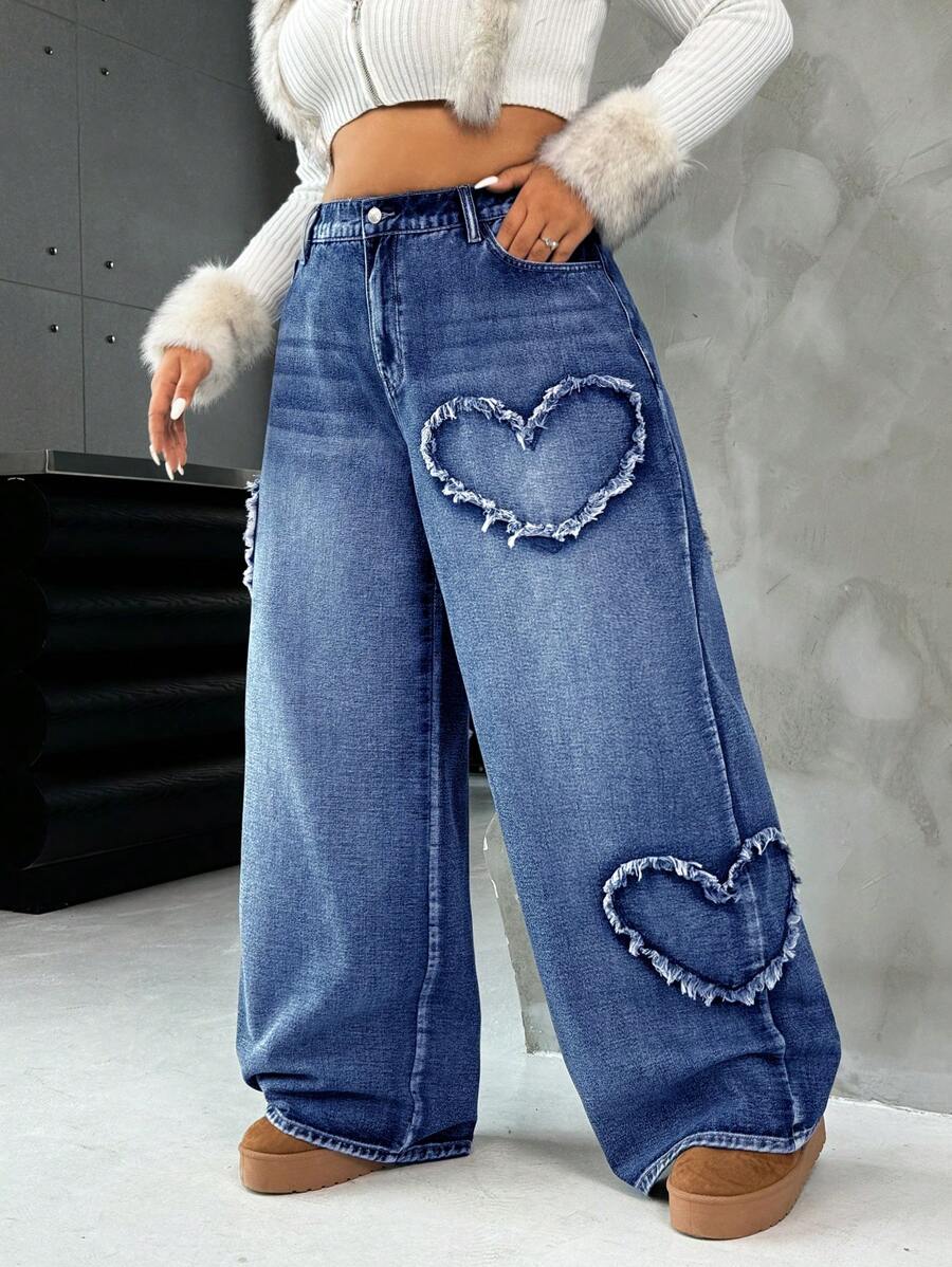 Casual Blue Straight Jeans With Heart Design