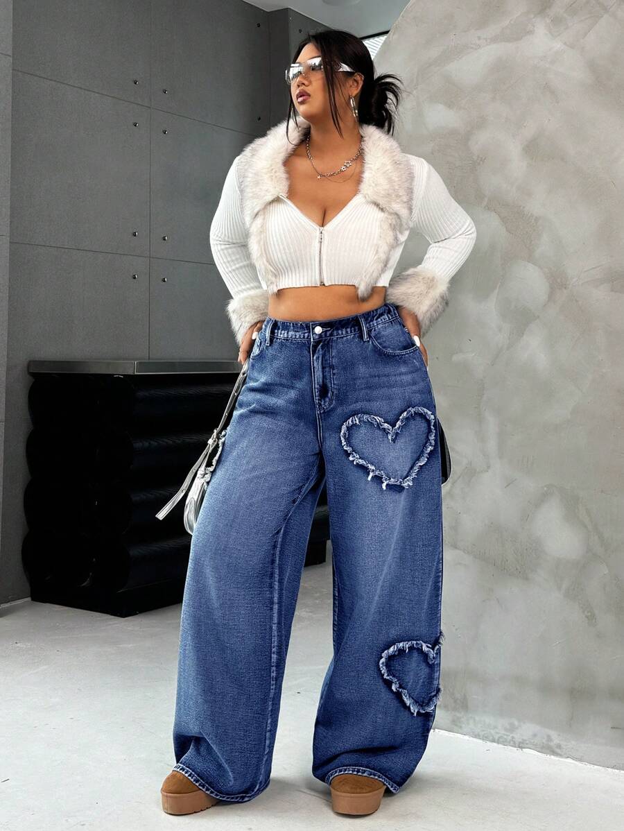 Casual Blue Straight Jeans With Heart Design