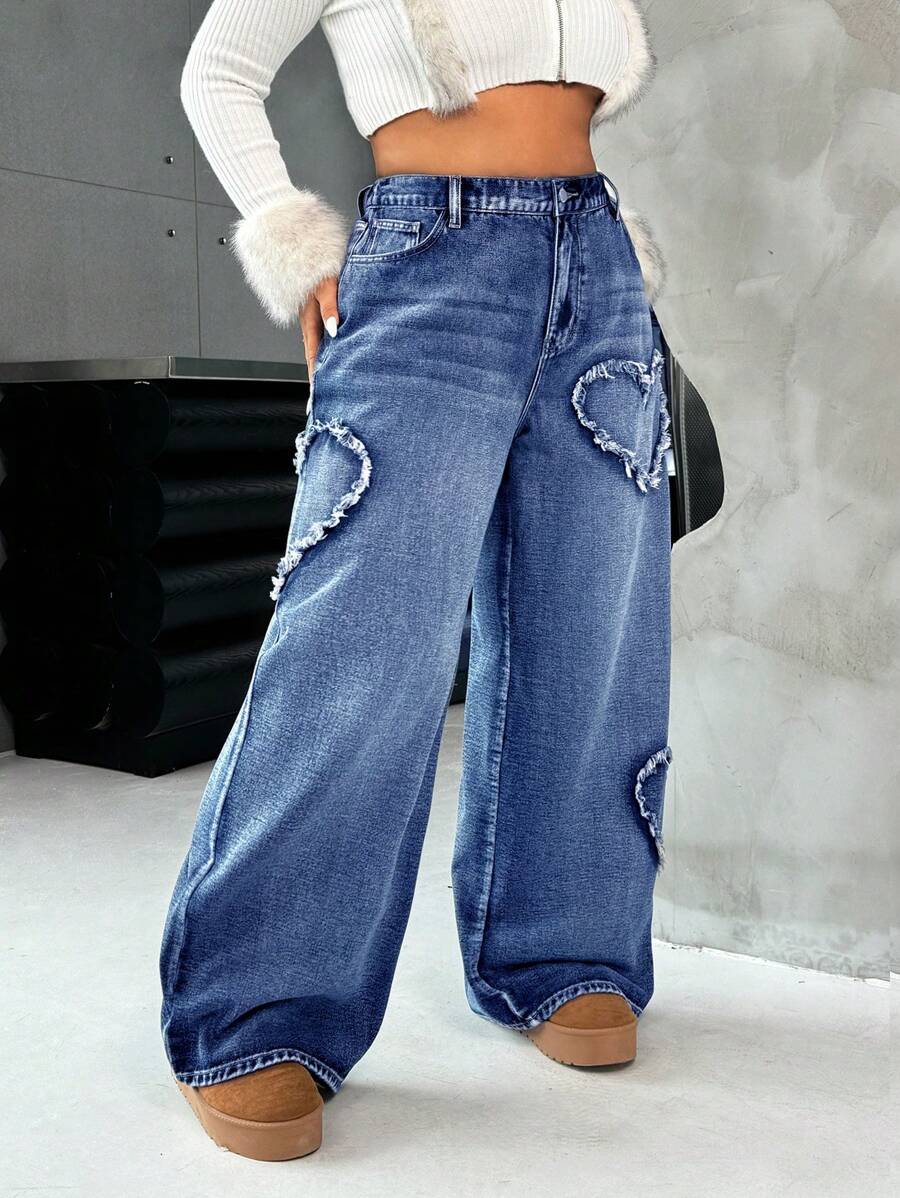 Casual Blue Straight Jeans With Heart Design