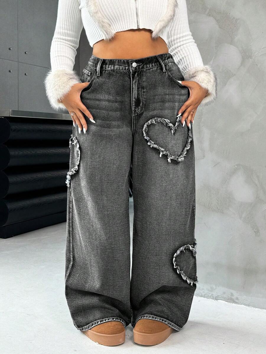 Casual Blue Straight Jeans With Heart Design