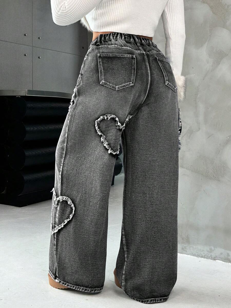 Casual Blue Straight Jeans With Heart Design