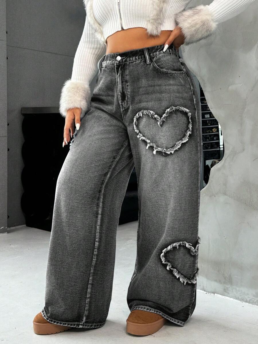 Casual Blue Straight Jeans With Heart Design