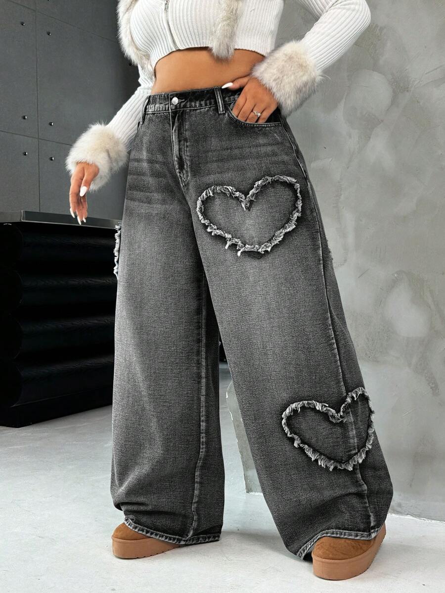 Casual Blue Straight Jeans With Heart Design
