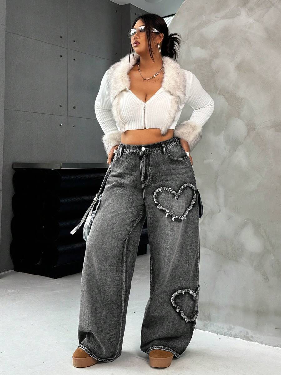 Casual Blue Straight Jeans With Heart Design