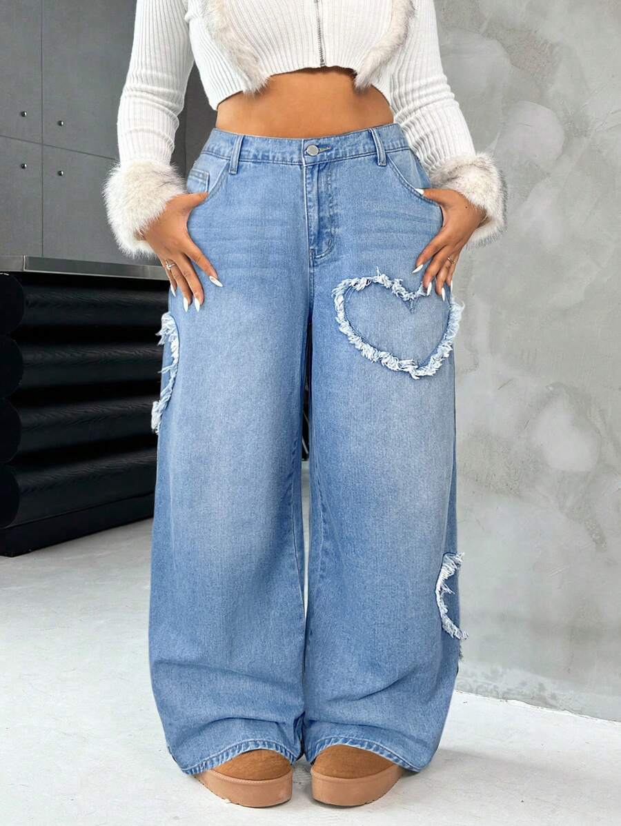 Casual Blue Straight Jeans With Heart Design