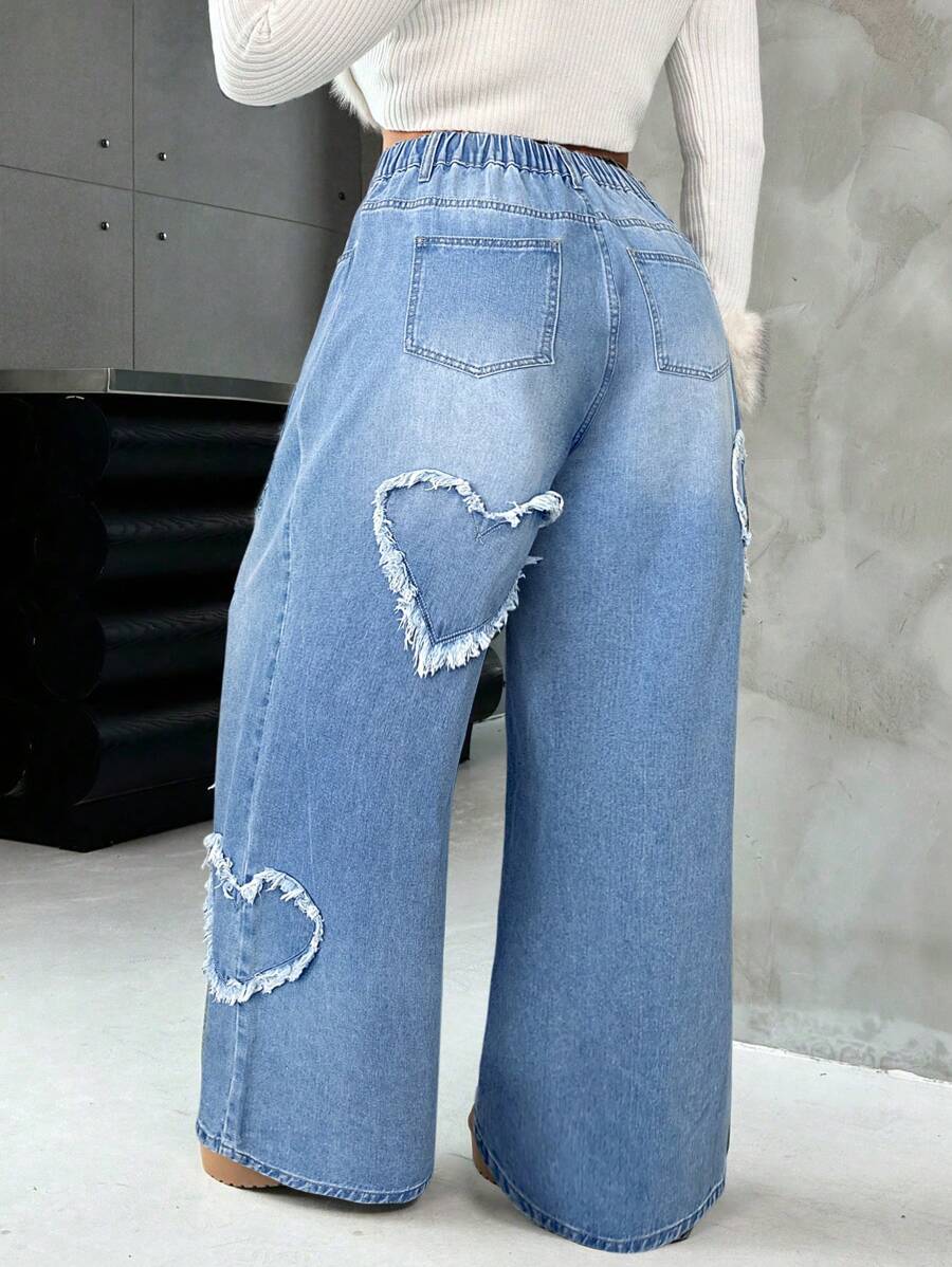 Casual Blue Straight Jeans With Heart Design