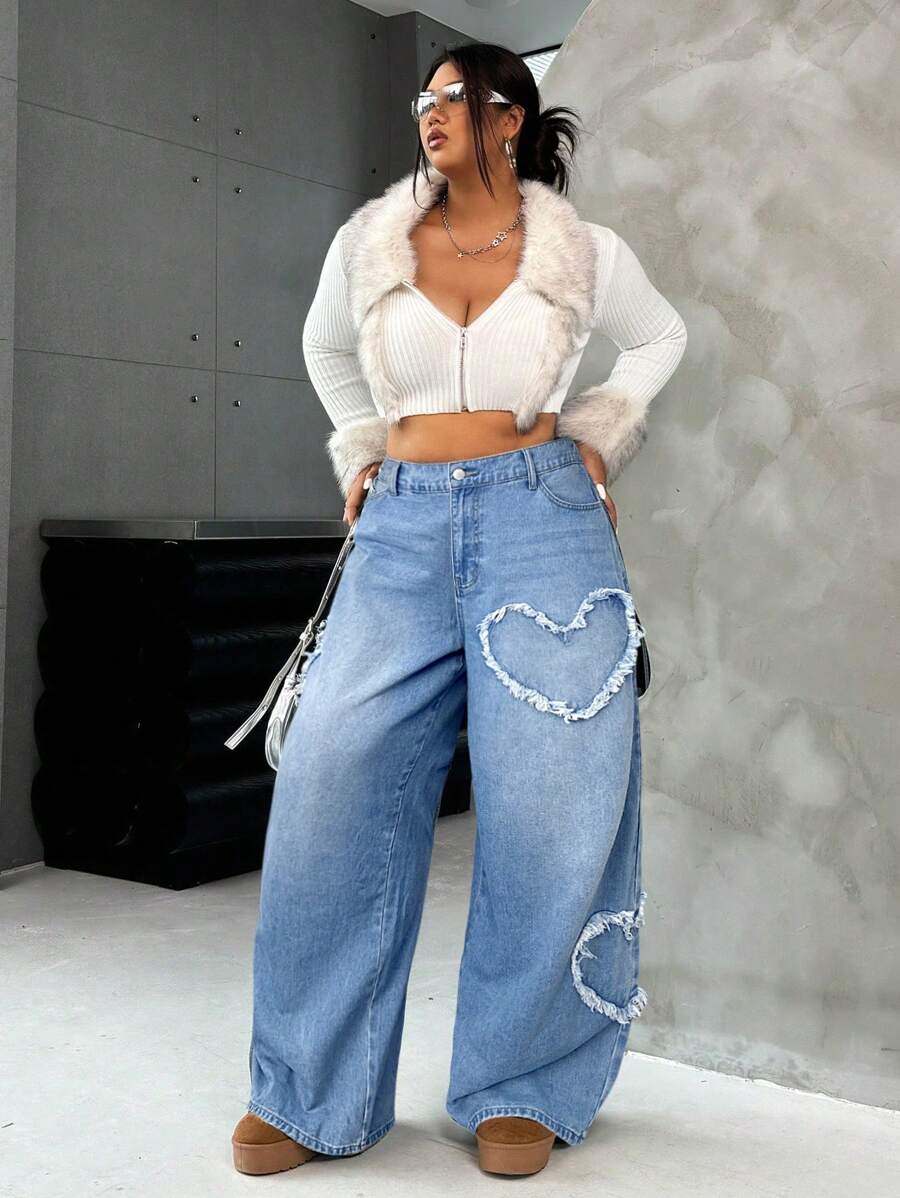 Casual Blue Straight Jeans With Heart Design