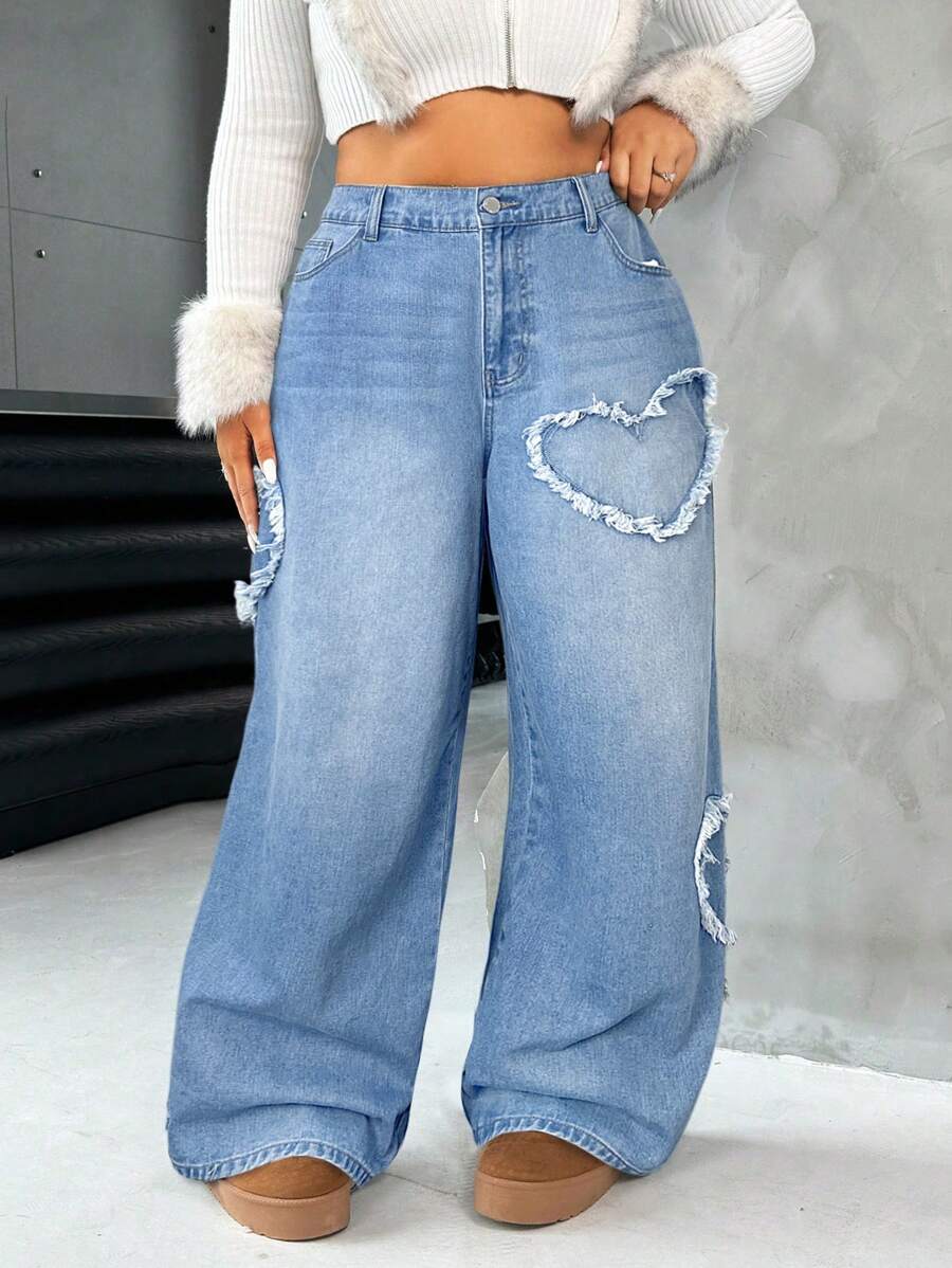 Casual Blue Straight Jeans With Heart Design