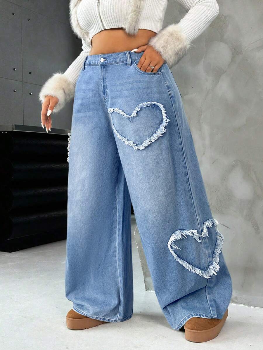 Casual Blue Straight Jeans With Heart Design