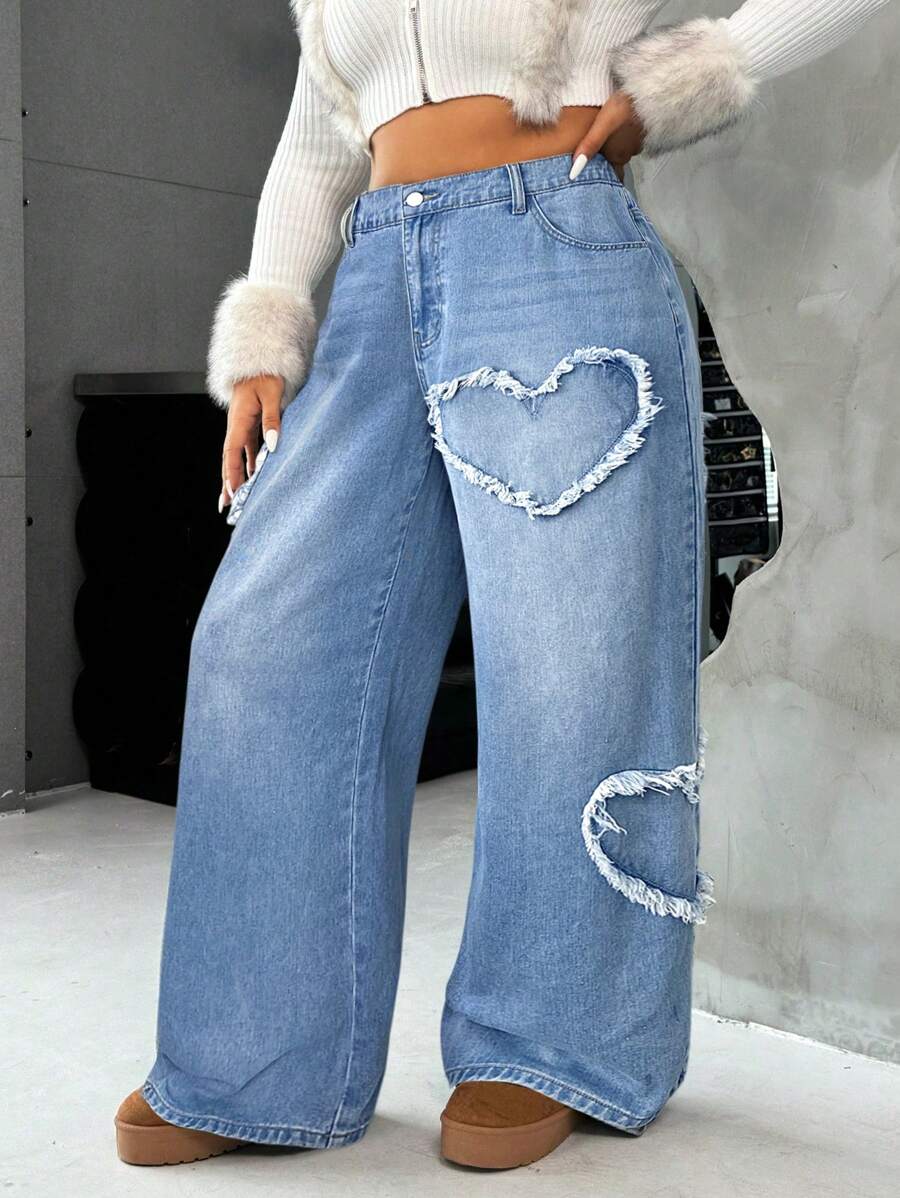 Casual Blue Straight Jeans With Heart Design
