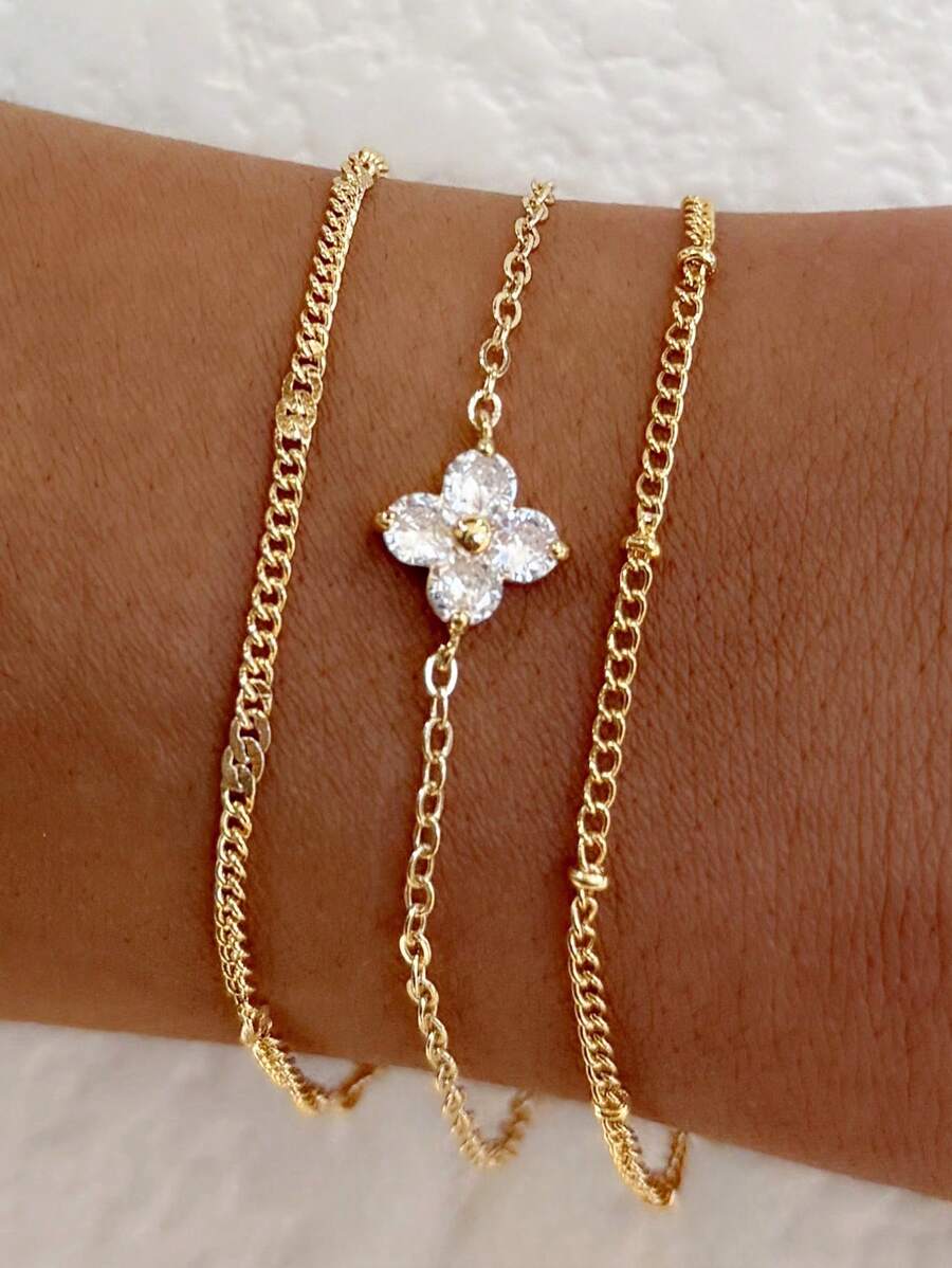 3pcs Elegant Cubic Zirconia Flower Bracelet