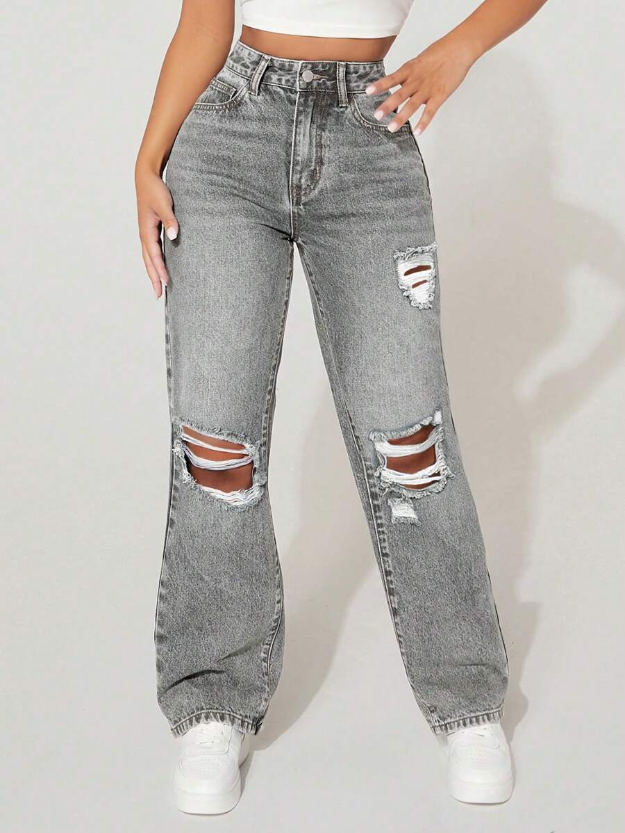 High-Waisted Ripped Denim