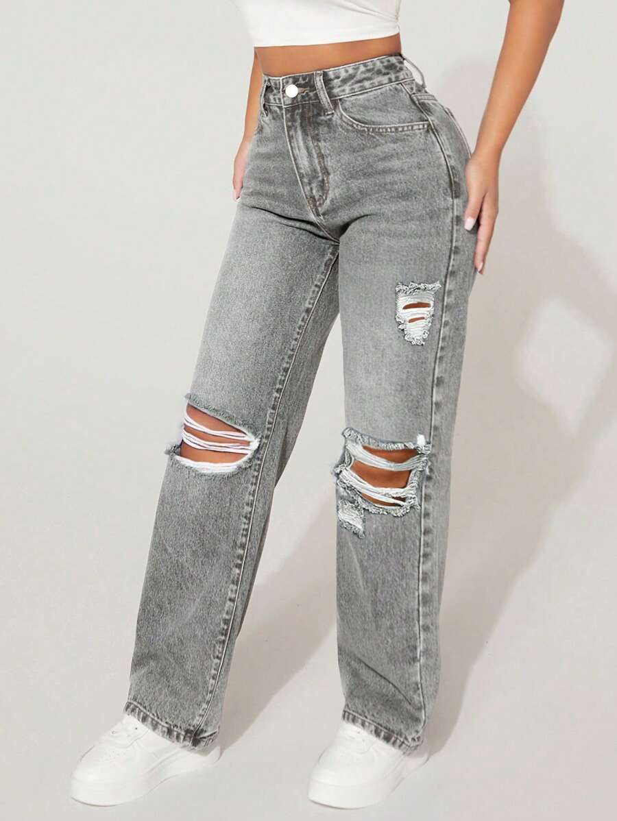 High-Waisted Ripped Denim