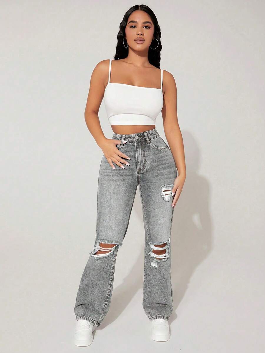 High-Waisted Ripped Denim