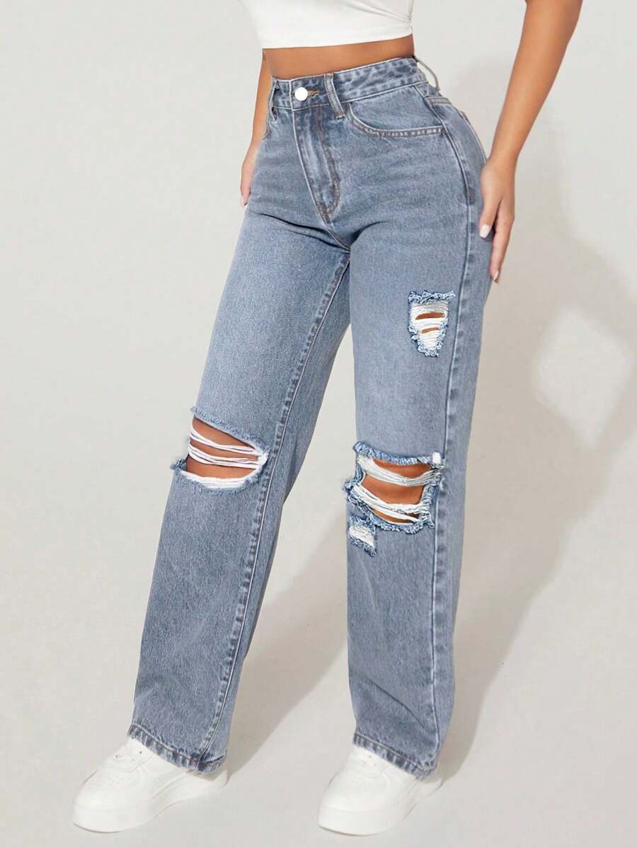 High-Waisted Ripped Denim