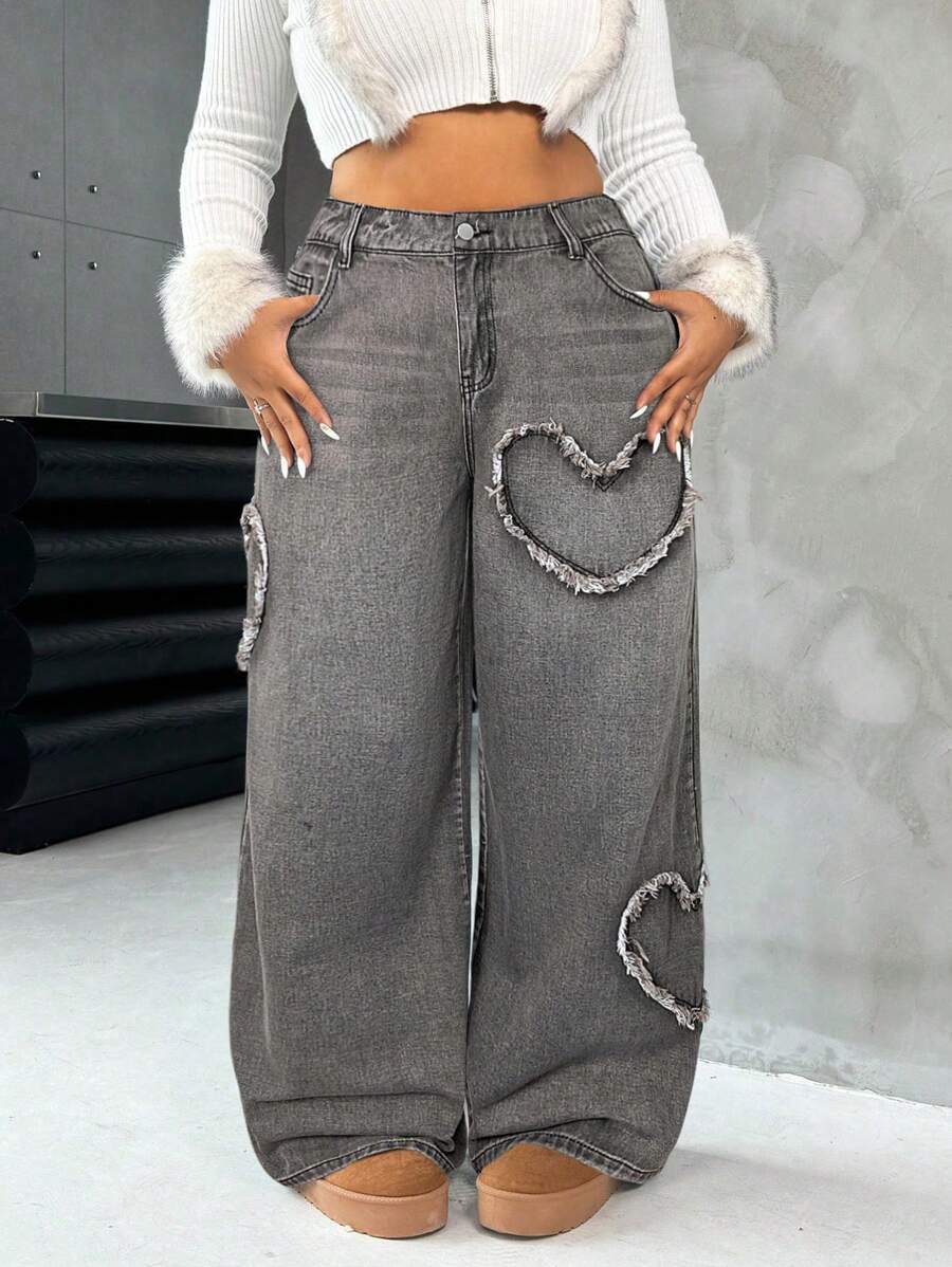 Casual Blue Straight Jeans With Heart Design