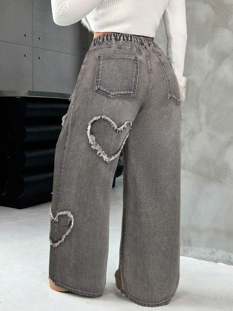 Casual Blue Straight Jeans With Heart Design