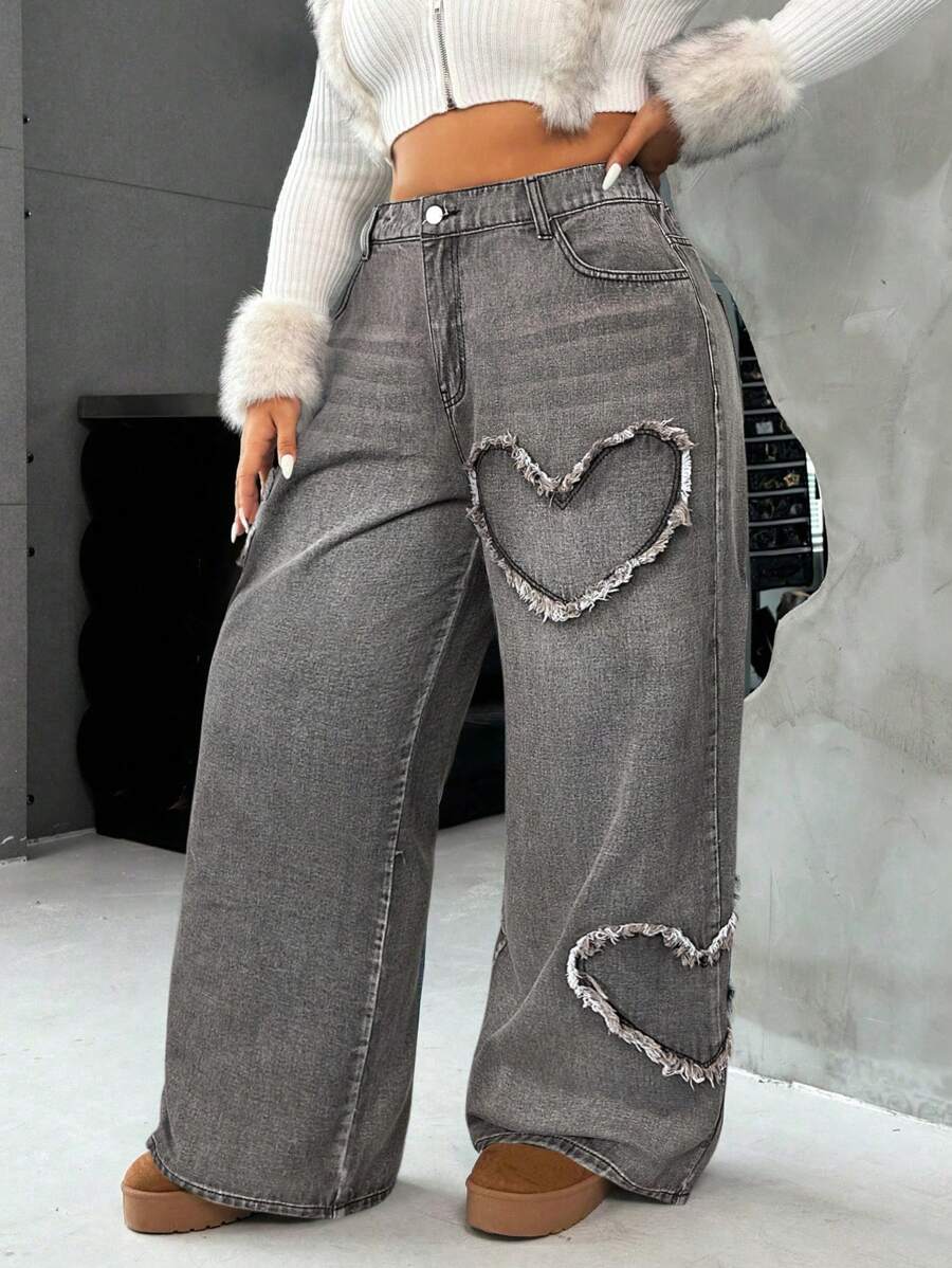 Casual Blue Straight Jeans With Heart Design