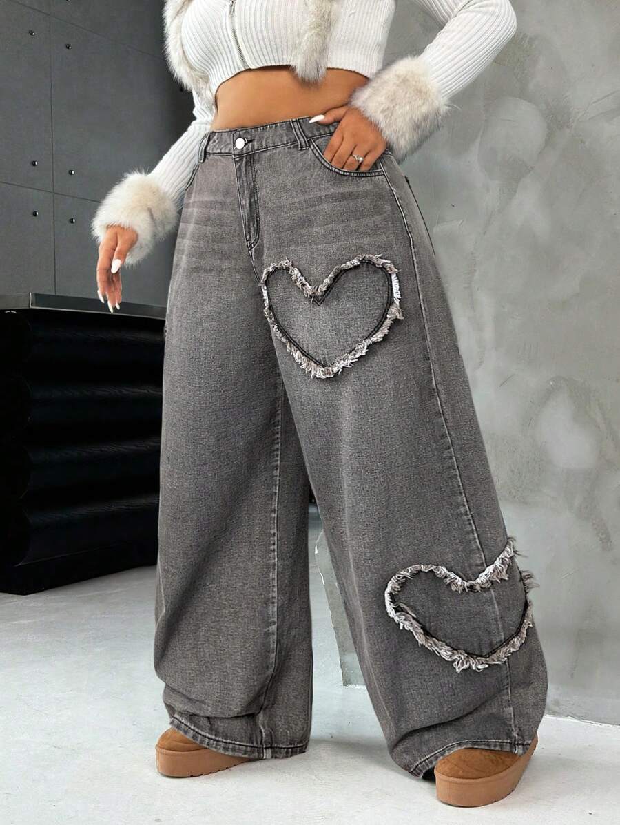 Casual Blue Straight Jeans With Heart Design