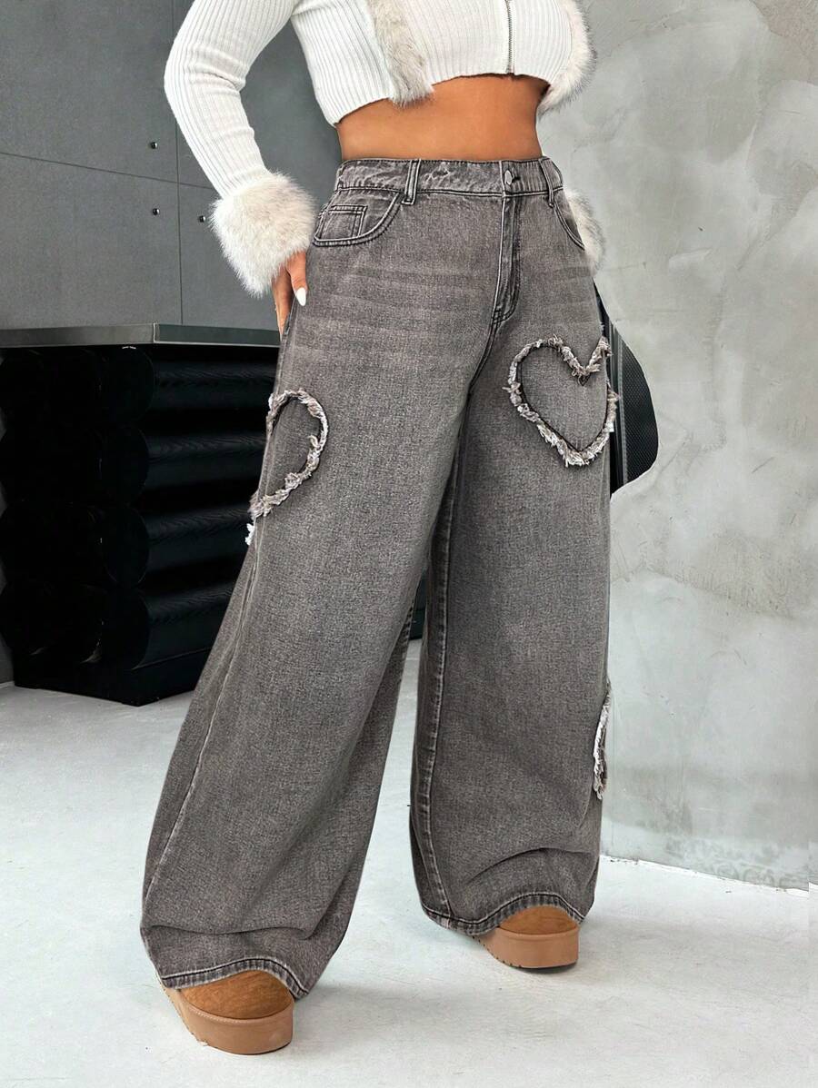 Casual Blue Straight Jeans With Heart Design