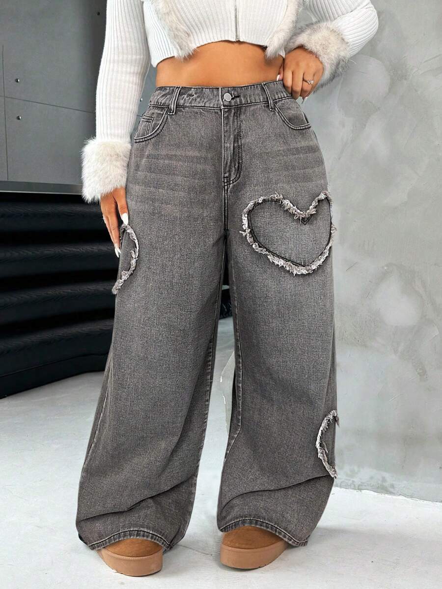 Casual Blue Straight Jeans With Heart Design