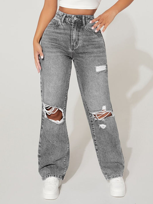 High-Waisted Ripped Denim