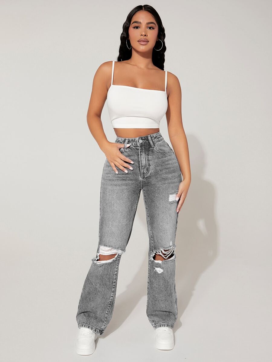 High-Waisted Ripped Denim