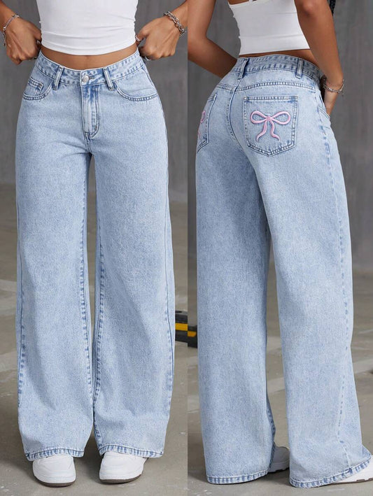 Embroidered Bowknot Washed Denim