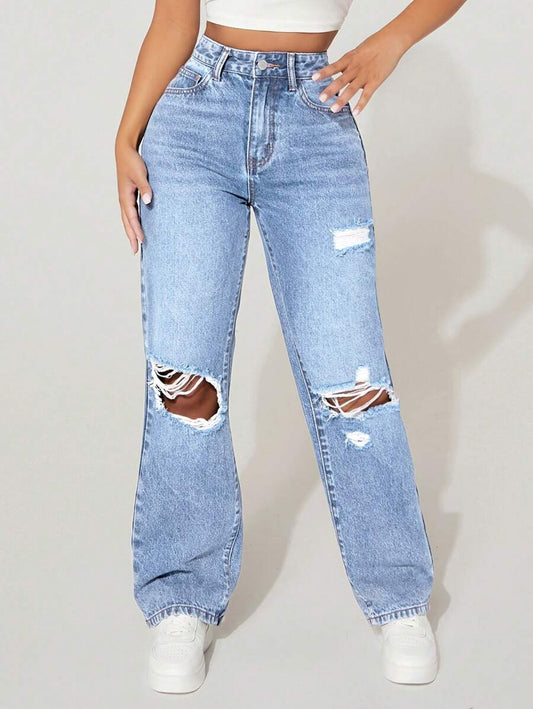 High-Waisted Ripped Denim
