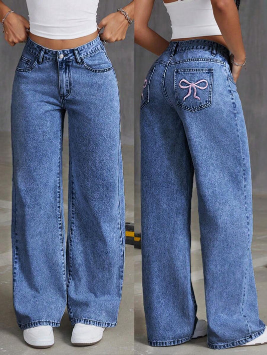 Embroidered Bowknot Washed Denim