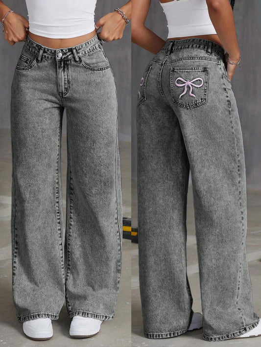 Embroidered Bowknot Washed Denim