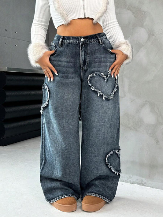 Casual Blue Straight Jeans With Heart Design