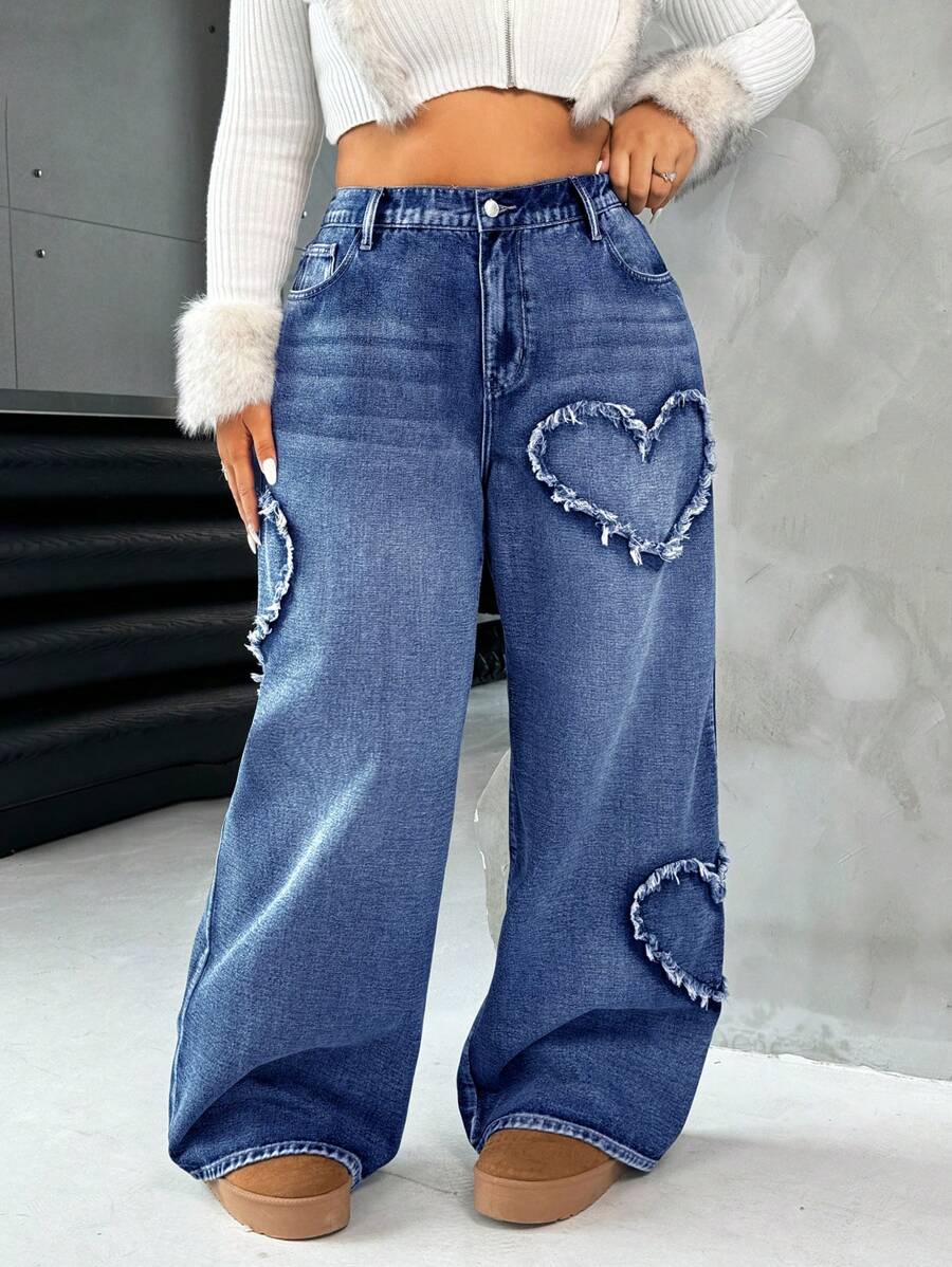 Casual Blue Straight Jeans With Heart Design