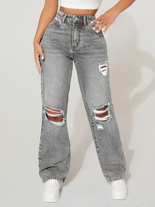 High-Waisted Ripped Denim