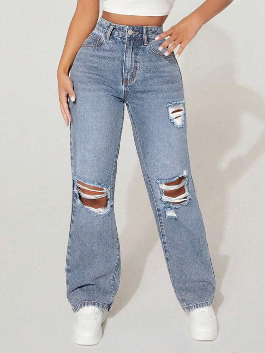 High-Waisted Ripped Denim